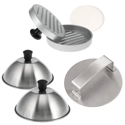 Productafbeelding van Bremermann Burger Set 5-delig, inclusief twee burgerpersen met burgerpapier en twee burgerkoepels, gemaakt van roestvrij staal.