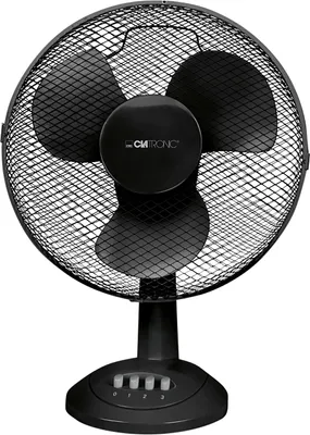 A black electric desk fan is shown on a white background.