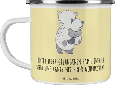 Produktbild von Mr. & Mrs. Panda Emaille Becher Tante Geheimzutat - Gelb Pastell - Geschenk, Teetasse, Pott, Lachen, Emailletasse, Dekoration, Neffe, Tasse, Weihnachten, Campingbecher