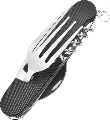 Produktbild von 6-in-1 Camping Besteck klappbar in Schwarz , Reisebesteck aus rostfreiem Edelstahl, Outdoor Essbesteck Survival Klappbesteck Bundeswehr Feldbesteck