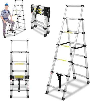 Obrázok produktu pre YARDIN teleskopický skladací rebrík 1,7 m + 2 m, hliníkový výsuvný rebrík A-rám 6 + 7 stupňov, viacúčelový rebrík, výsuvný rebrík protišmykový na lezenie v interiéri, nosnosť 150 kg