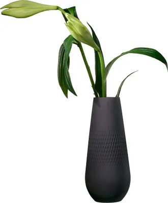 A dark gray vase with a textured pattern holds a green plant with two buds.