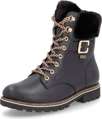A black women's boot with fur trim and laces.