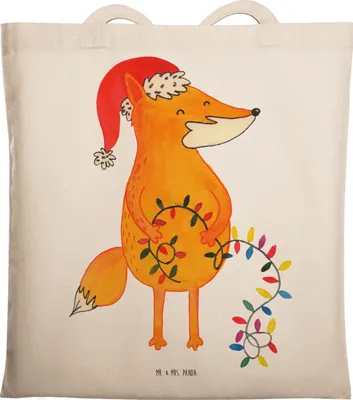 Produktbild von Mr. & Mrs. Panda Tote Bag Fuchs Weihnachten - Weiß - Geschenk, Weihnachtszeit, Laptoptasche, Uni Tasche, Nikolaus, Winter, Heiligabend, Tragetasche, Stoffbeutel