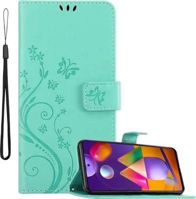 Obrázok produktu pre Kryt Cadorabo pre Samsung Galaxy M31s in FLORAL TURQUOISE Ochranný kryt v kvetinovom dizajne s magnetickým zapínaním, funkciou stojana a slotmi na karty Flipové puzdro Flower Cover Etui Handy Klapp Hülle Book Tasche