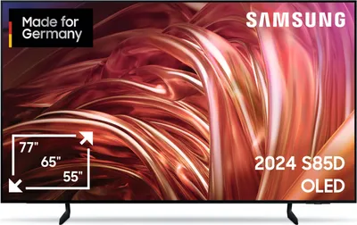 A Samsung OLED television is displayed on a stand against a dark background. The screen shows a colorful, abstract image. Text overlays indicate product details and branding.