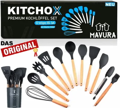 Immagine prodotto di KITCHOX set di utensili da cucina in legno silicone posate cuoco cucchiaio helper [12 pezzi]