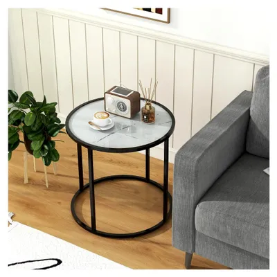 Produktbild von Runder Beistelltisch, Glastisch für das Wohnzimmer, Kaffeetisch mit Kunstmarmormustern und verstellbaren Füßen, 50 x 50 x 50 cm
