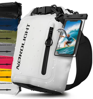 Produktbild von Nordlight Dry Bag wasserdichte Tasche mit Handyhülle + Roll-Top, Schultergurt | Drybag wasserfester Rucksack Beutel Packsack Seesack Wassersack Wetbag | Baden Schwimmen Strand SUP – Weiß, 5 Liter
