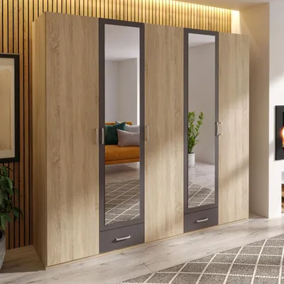 Produktbild von Forte GEMSTONE Kleiderschrank 220 230, moderner Kleiderschrank mit Spiegelfront, 5-türig, 2 Schubladen, Schlafzimmer, Sonoma Eiche|Uni Wolfram Grau, 225 cm breit x 210,5 cm hoch x 54,5 cm tief