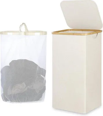 Immagine prodotto di Cesto portabiancheria in bambù da 110 litri con coperchio - Sacco interno rimovibile - Pieghevole - Beige
