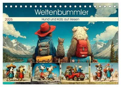 Produktbild von Weltenbummler. Hund und Katz auf Reisen (Tischkalender 2026 DIN A5 quer), CALVENDO Monatskalender
