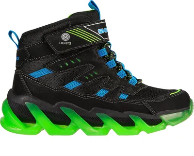 A single black, blue, and green children's high-top sneaker with light-up soles.