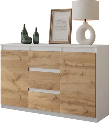 A white and wood-effect sideboard with decorative items on top.