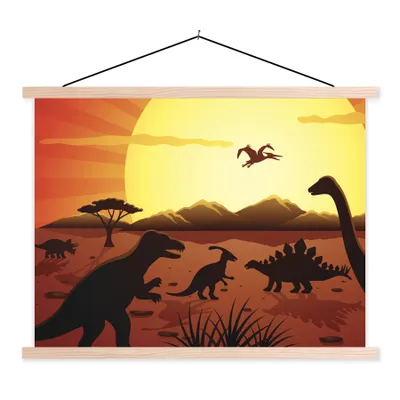 Produktbild von MuchoWow® Textilposter Dino - Sonne - Natur - Zeichnung - Kinder - Jungen 60x45 cm mit holzfarbenen Rahmen - Bild