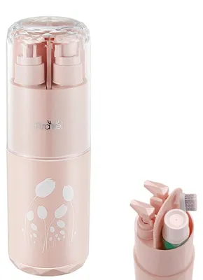 Zdjęcie produktu dla Bidon podróżny 5 w 1 z 2 butelkami dozującymi po 45 ml każda, lusterkiem, grzebieniem, pojemnikiem na szczoteczkę do zębów, w kolorze różowym