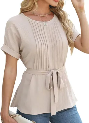 Produktbild von Beige Damen-Wickelbluse mit kurzen Ärmeln und Rüschen XXL