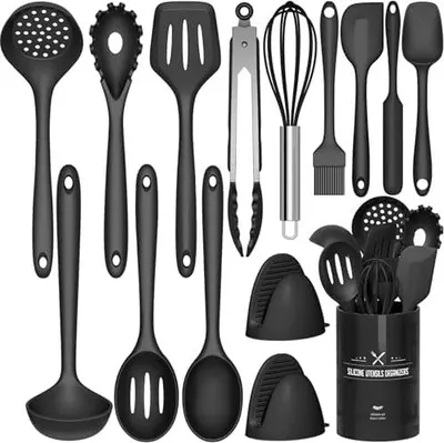 Produktbild von Küchenhelfer Set, 15-teiliges Silikon Kochutensilien Kochbesteck Set, Hitzebeständiger Kochgeschirr mit Utensilienhalter, Antihaft Kochset Küchenutensilien, Spülmaschinenfest - Schwar
