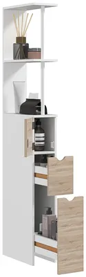 Produktbild von Badezimmerschrank mit Schubladen und offenen Regalen, 15 x 33 x 136,8 cm, wei?
