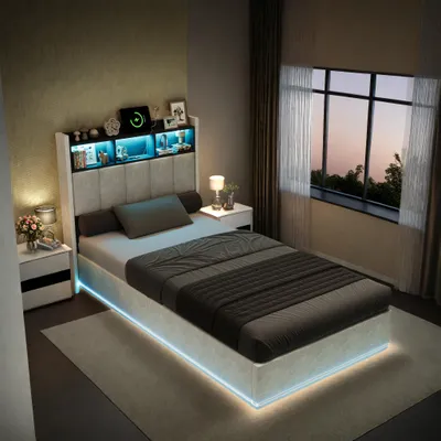 Image de Lit simple hydraulique UnboxG 90 × 200 cm, blanc, revêtement en velours avec espace de rangement, tête de lit et contour de lit à LED, ports USB et Type-C
