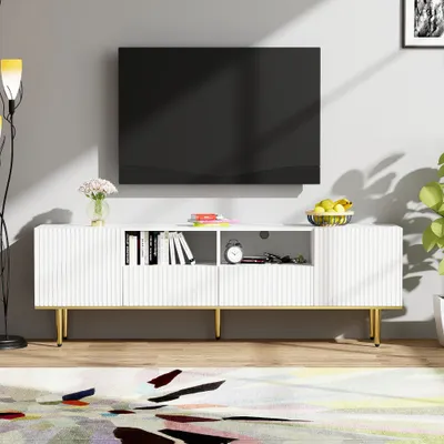 Produktbild von CDGlobal Moderner TV-Schrank, Weiss Sideboard Lowboard 165x36x55 cm mit 2 Türen und offenen Regalen, Fernsehtisch mit 2 Stauraum Schubladen, TV-Tisch TV-Ständer für Schlafzimmer Wohnmöbel Wohnzimmer