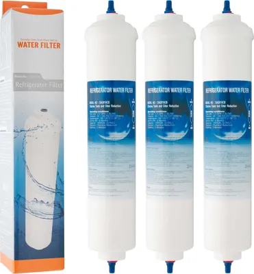 A product shot of three refrigerator water filters and their packaging.