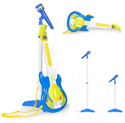 Obrázok produktu pre MULTISTORE HC342076 Elektrická gitara s mikrofónom a stojanom pre deti, kompatibilná s MP3, modrá