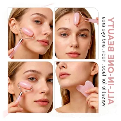 Produktbild von Gesichtsmassage-Set aus Rosenquarz mit Gua Sha und Massage-Roller