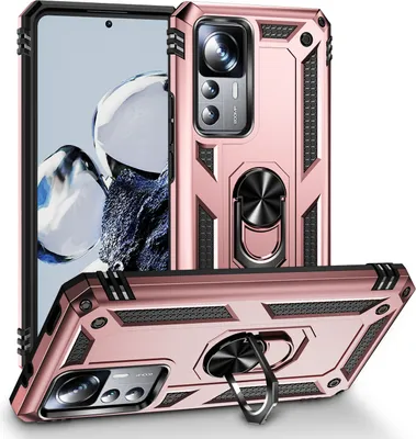 A pink phone case with a ring holder and camera protection is displayed from multiple angles.