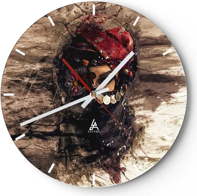 Produktbild von Wanduhr - Rund - Glasuhr - Frau Folklore - 40x40cm - Schleichendes Uhrwerk - Lautlos - zum Aufhängen bereit - Dekoration Modern - Wanddekoration aus Glas - C3AR40x40-3858