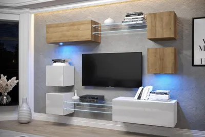 Obrázok produktu pre Furnitech Obývacia stena - Nábytok do obývačky s LED RGB - 16 farieb - Moderná závesná stena - Police a TV skrinka (AN65N-21DZW-HGM5)