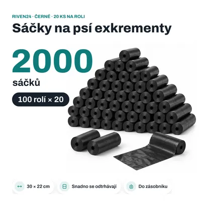 Obrázek produktu pro RIVEN24 Sáčky na psí exkrementy černé, 2000 ks (100 rolí × 20), 30 × 22 cm, do zásobníku