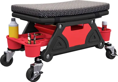 Image de HOMCOM Tabouret d'atelier mobile charge max 135 kg, tabouret de mécanicien avec roulettes rotatif à 360° avec plateaux à outils coulissants et tiroir, siège roulant pour réparation auto garage, noir