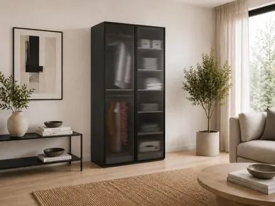Produktbild von Drehtürenschrank, Falttürenschrank 2-türig Schrank mit Einlegeböden und Kleiderstange, Schlafzimmer  - Schrank Minewra 100 - Schwarz Flutes