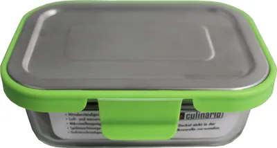 A food storage container with a stainless steel lid and a green silicone seal and clasp.
