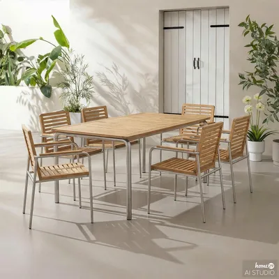 Produktbild von home24 Gartenessgruppe - 7-teilig - Teak Massiv / Edelstahl - Teak / Silber