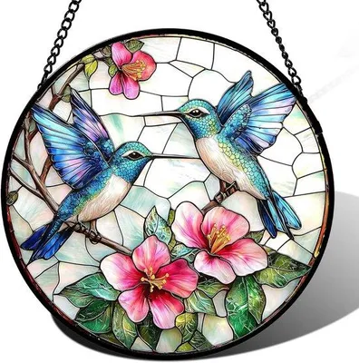 Imagen del producto de Vitral de sol con colibrí y flores rosas – Vidrio decorativo para interiores y exteriores