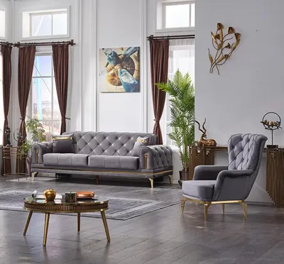 Produktbild von Luxus Sofa 3 Sitzer mit Sessel Couchgarnitur Wohnzimmer Chesterfield Grau