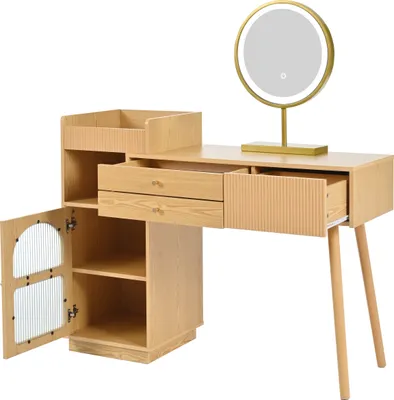 Produktbild von Flieks Schminktisch mit Spiegel, Spiegel mit Led, Schminkkommode mit Schubladen und Schrank, Frisiertisch Frisierkommode, 120x40x90cm, Naturbelassen
