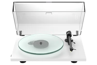 A white Pro-Ject T2 W Hi-Fi turntable with a clear dust cover, shown from a slightly elevated front-side angle on a white background.