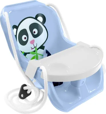 A baby swing with a panda design and a tray.
