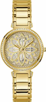 A gold-colored Guess women's watch with a decorative dial and crystal accents.