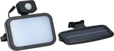 A solar-powered LED spotlight with a motion sensor and a separate solar panel are shown against a white background.