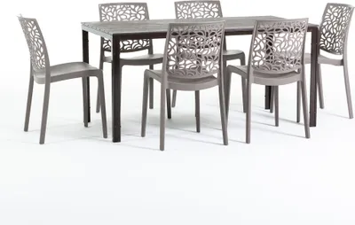 Immagine prodotto di Set da pranzo per esterni con tavolo rettangolare 156x78 cm e 6 sedie impilabili in resina rinforzata con fibra di vetro - design moderno in look legno, ideale per giardino, terrazza e aree esterne coperte - THOMAS+ANNA - tortora/mocha