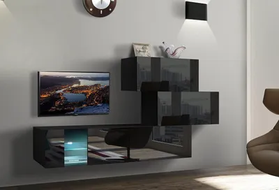 Immagine prodotto di Parete attrezzata Furnitech per il soggiorno | parete attrezzata moderna | parete attrezzata per il soggiorno con mensole e mobile TV | mobile per il soggiorno senza LED (Troja AN85-17B-HG20-1A)