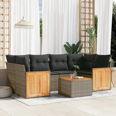 Produktbild von Design 7-tlg. Garten-Sofagarnitur mit Kissen Grau Poly Rattan, Gartenmöbel-Sets 2024 Neu