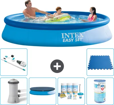 Produktbild von Intex runder aufblasbarer Easy Set-Schwimmpool – 366 x 76 cm – Blau – inklusive Pumpe Abdeckung - Wartungspaket - Filter - Staubsauger - Bodenfliesen