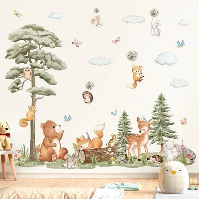 Obrázek produktu pro Uniqoos® Samolepky na zeď s motivem lesních zvířat – 3 listy, rozměry 30×90 cm, celkové rozměry cca 133×100 cm, voděodolné a snadno odlepitelné, motivy: medvěd, jelen, liška, vhodné do dětských pokojů i obývacích pokojů