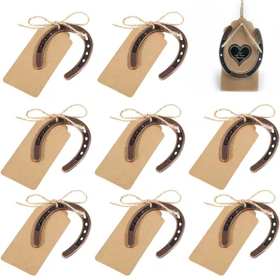 Productafbeelding van Hoefijzers decoratie gelukset - Set van 8 - 6 x 7 cm - Cadeau met henneptouw hanger van kraftpapier