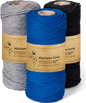 Produktbild von STANKE Makramee Garn 3mm Set 3x100 m - Farben: Schwarz, Blau, Grau - Baumwollgarn für Boho-DIY, Körbchen, Traumfänger - Baumwollkordel für Untersetzer, Taschen - 100% Baumwolle, gedreht, weich